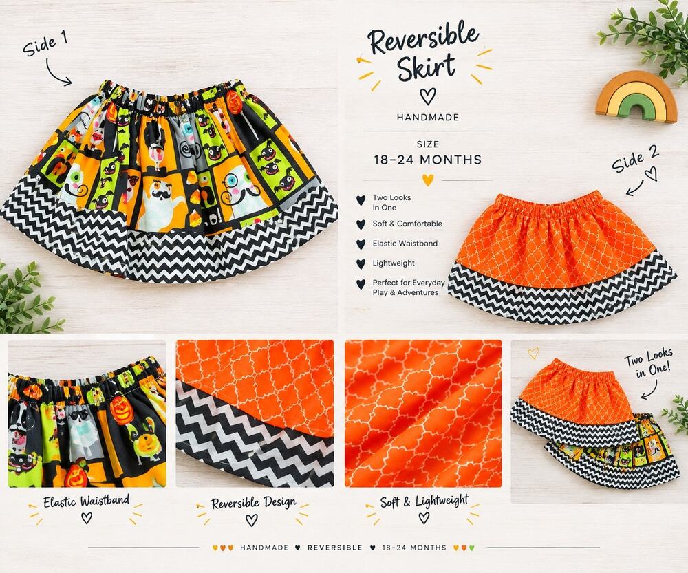 Handmade Reversible Halloween Skirt Ghosts Geometric Fall Size 18-24 months